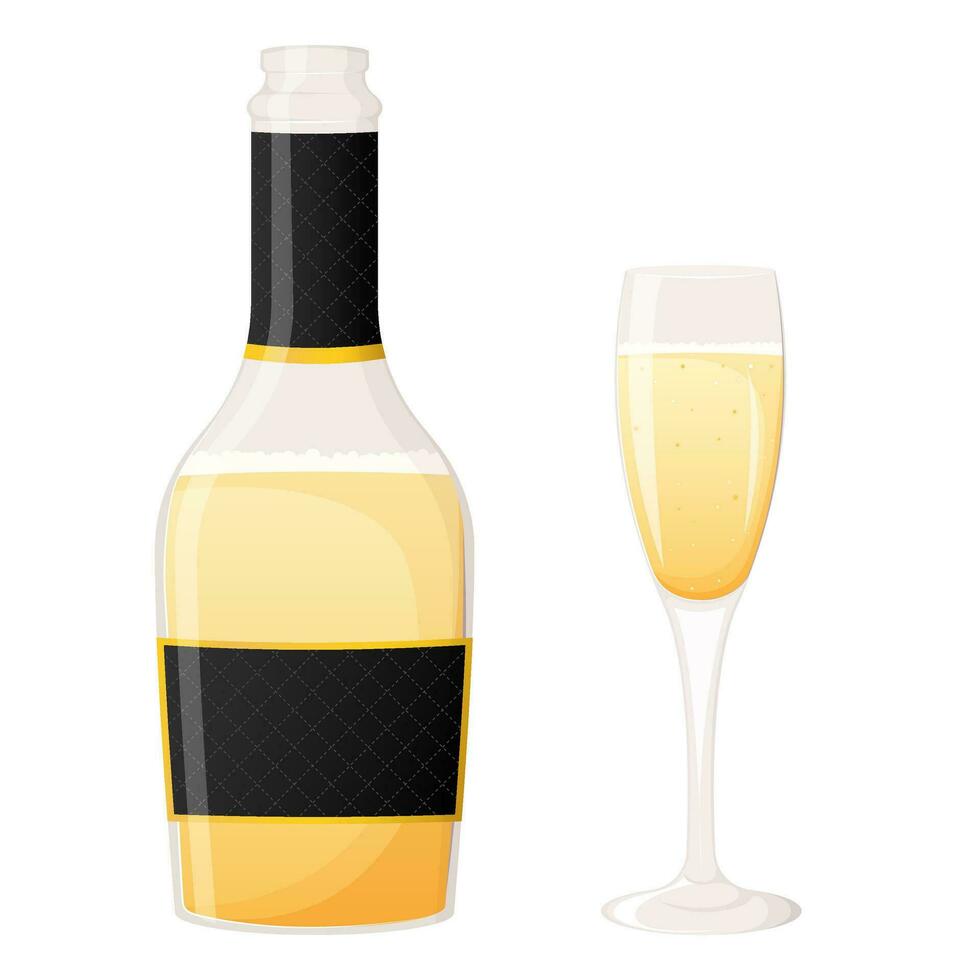 Champagner Flasche und Glas isoliert auf Weiß vektor