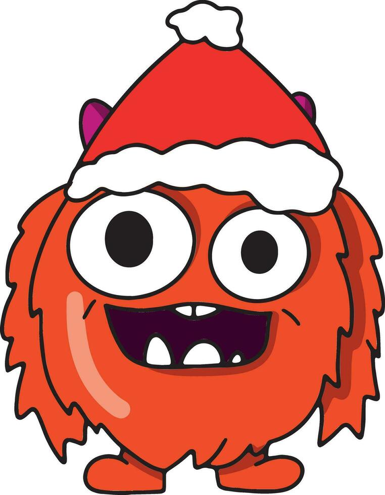 söt karaktär eller orange monster bär santa claus hatt i tecknad serie stil, vinter- Semester tema maskot för barn, fantastisk varelse vektor