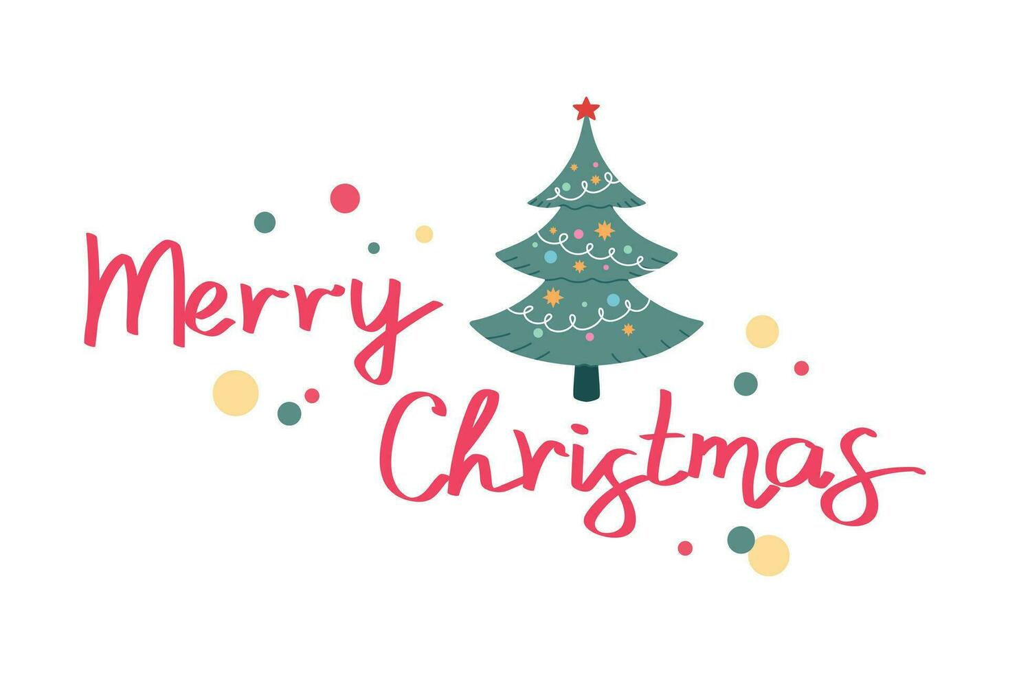 glad jul Citat dekorerad med jul träd och konfetti. hand dragen text. vektor illustration