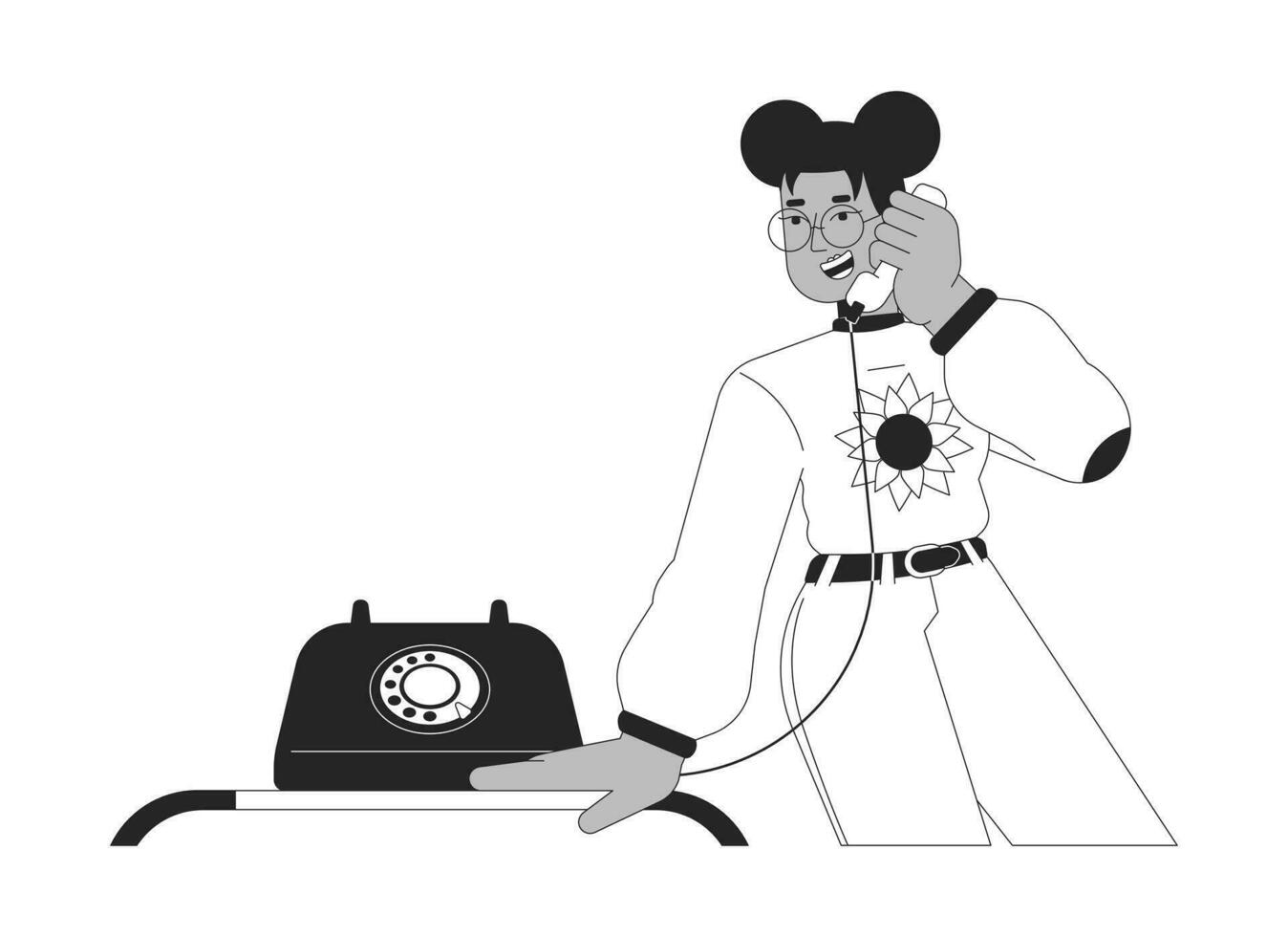 svart glasögon flicka talande telefon mottagare svart och vit 2d linje tecknad serie karaktär. afrikansk amerikan kvinna isolerat vektor översikt person. nostalgi enfärgad platt fläck illustration