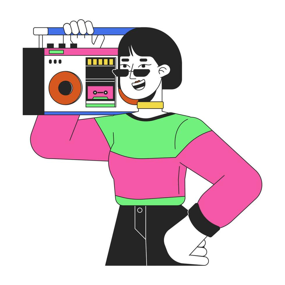 cool asiatisch Mädchen Tragen Boombox auf Schulter 2d linear Karikatur Charakter. 80er Jahre Sonnenbrille jung Erwachsene Frau isoliert Linie Vektor Person Weiß Hintergrund. Nostalgie Musik- Farbe eben Stelle Illustration