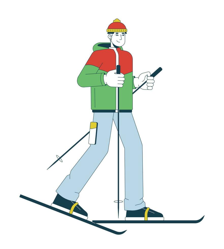 asiatisch jung Erwachsene Mann Skifahrer mit Ski Stangen 2d linear Karikatur Charakter. Hinterland Skifahren Koreanisch männlich isoliert Linie Vektor Person Weiß Hintergrund. aktiv Lebensstil Farbe eben Stelle Illustration