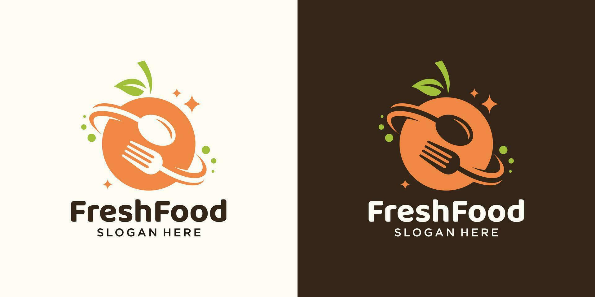 frisch Essen Konzept Logo Design Vorlage. Orange Obst mit Löffel Gabel Design Grafik Vektor Illustration. Symbol, Symbol, kreativ.