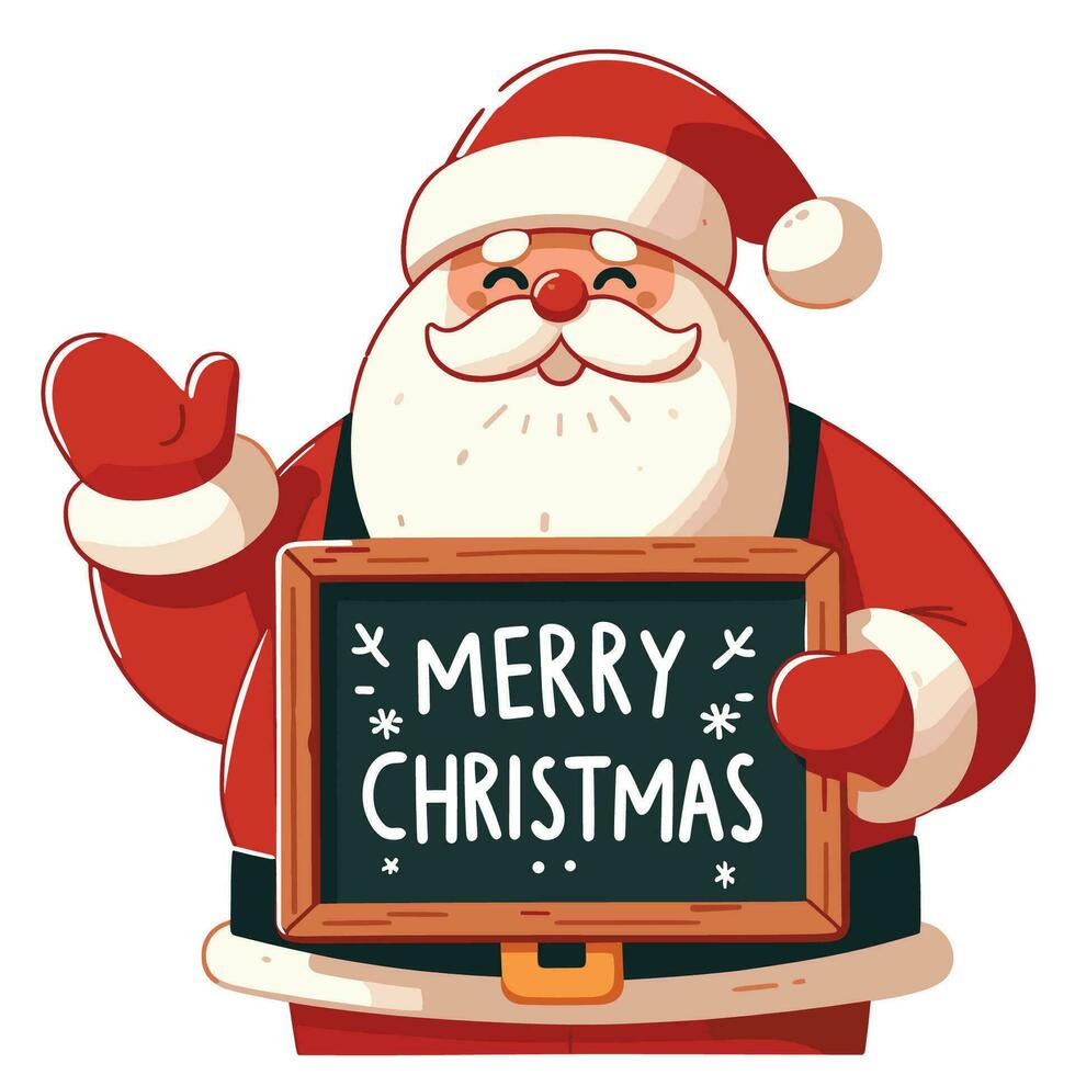 glad hand dragen platt santa med glad jul skriven på styrelse vektor illustrationer på vit bakgrund