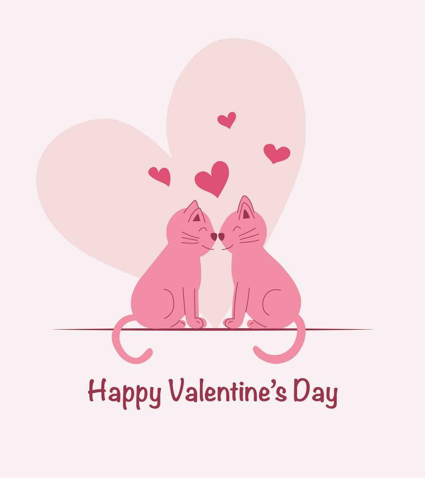 hjärtans dag hälsning kort med två katter på rosa bakgrund med hjärtan. vektor illustration.
