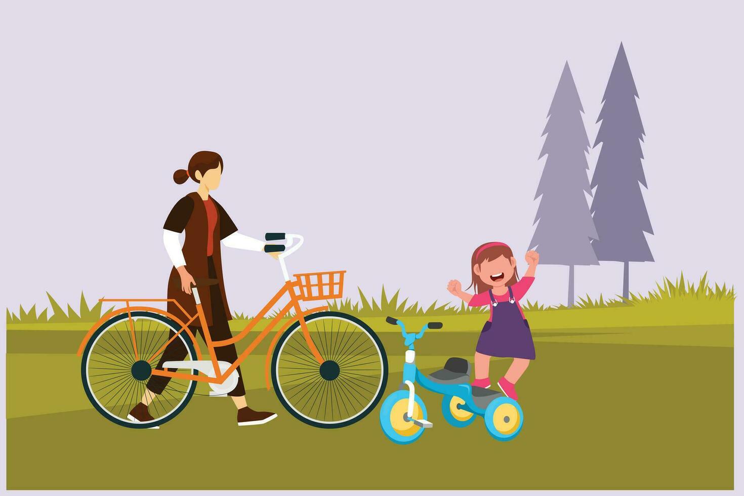 glücklich Eltern mit ihr Kind Reiten Fahrrad zusammen. draussen Freizeit Aktivitäten Konzept. farbig eben Vektor Illustration isoliert.
