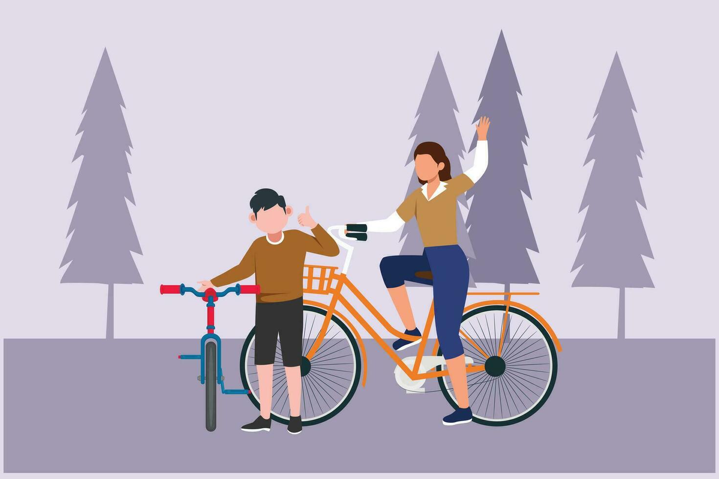glücklich Eltern mit ihr Kind Reiten Fahrrad zusammen. draussen Freizeit Aktivitäten Konzept. farbig eben Vektor Illustration isoliert.
