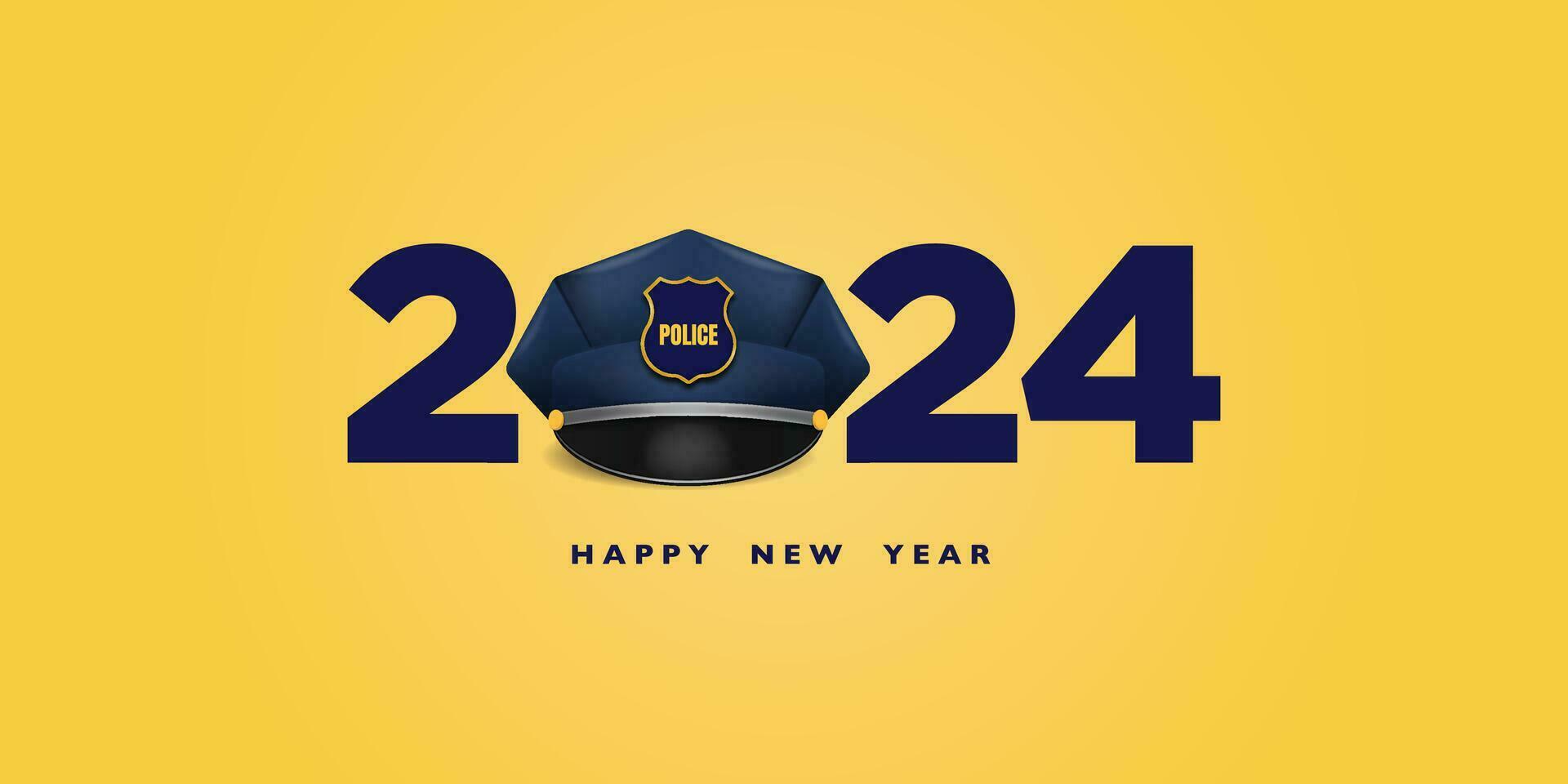 Polizei Polizist Neu Jahr 2024 Netz Banner Poster Design, 2024 Neu Jahr Nummer Logo mit Polizei Polizist Offizier Deckel, Soldat Deckel, glücklich Neu Jahr 2024 auf ein isoliert Hintergrund vektor