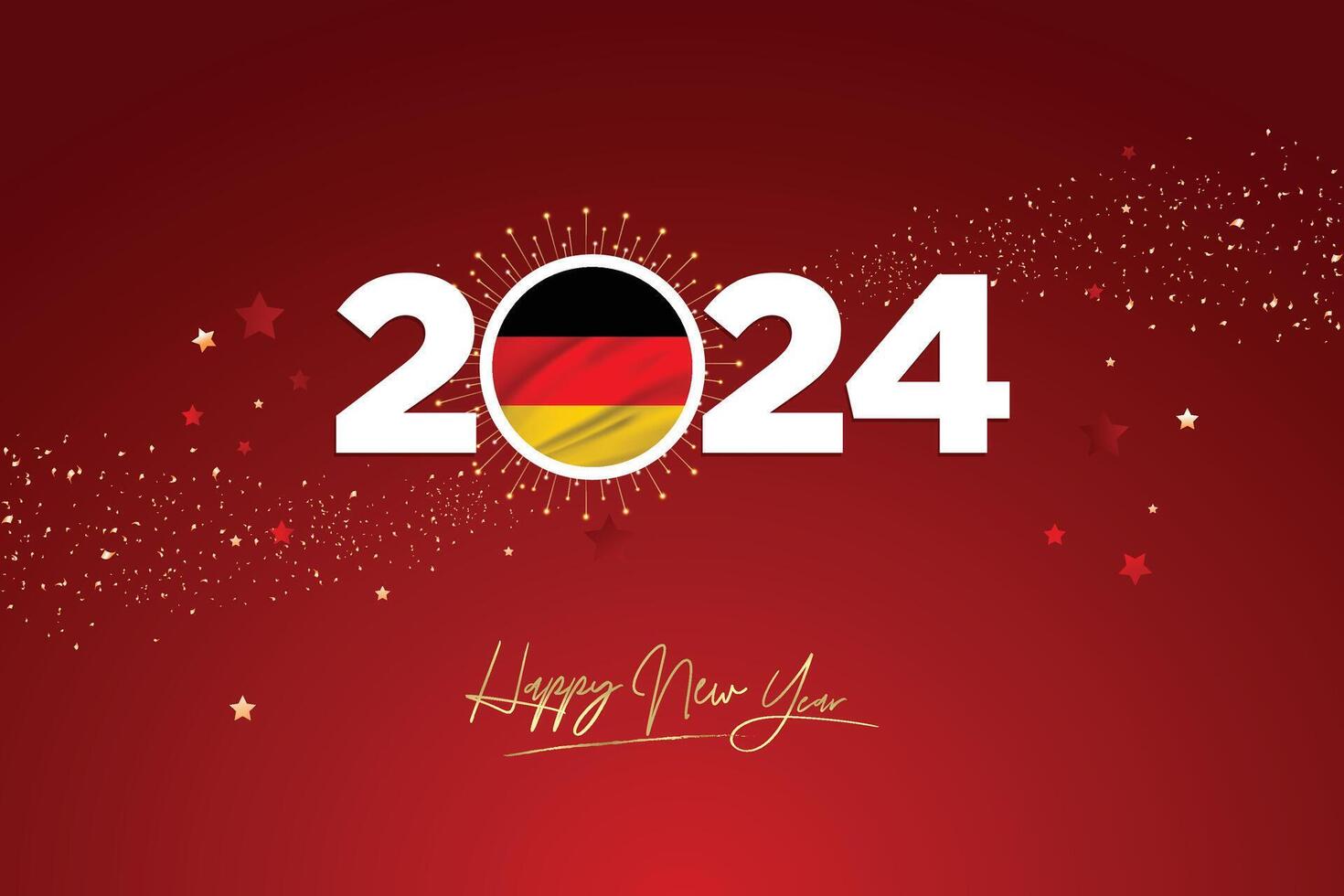 bunt glücklich Neu Jahr Festival Design Banner, Neu Jahr 2024 Logo mit Deutsche Flagge auf rot-kastanienbraun Konfetti und Star Hintergrund, Kalender 2024, Sozial Medien Neu Jahr Banner, Post Karte, Schöne Grüße vektor