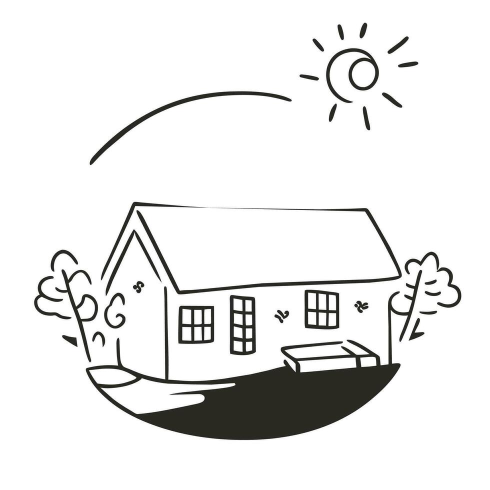 Zeichnung von ein Haus mit ein Sonne im das Hintergrund vektor