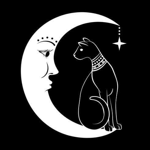 Katten på månen. Vektor illustration. Kan användas som tatuering, boho design, halloween design