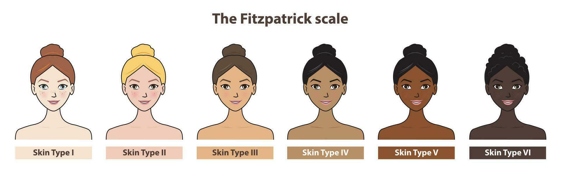 fitzpatrick hud tona fototyp med söt tecknad serie karaktär vektor isolerat på vit bakgrund. diagram av etnicitet hud tona skala fototyp melanin och hår Färg melanin. de fitzpatrick skala.