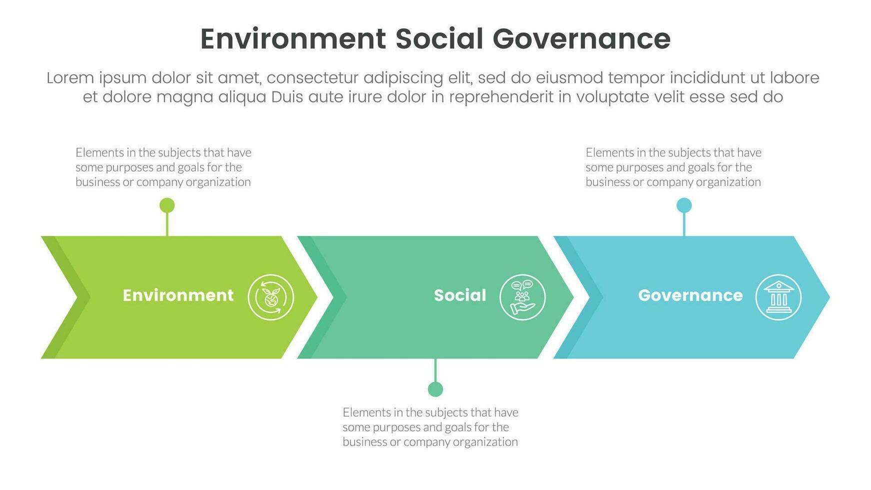 esg Umwelt Sozial und Führung Infografik 3 Punkt Bühne Vorlage mit Pfeil richtig Richtung Konzept zum rutschen Präsentation vektor