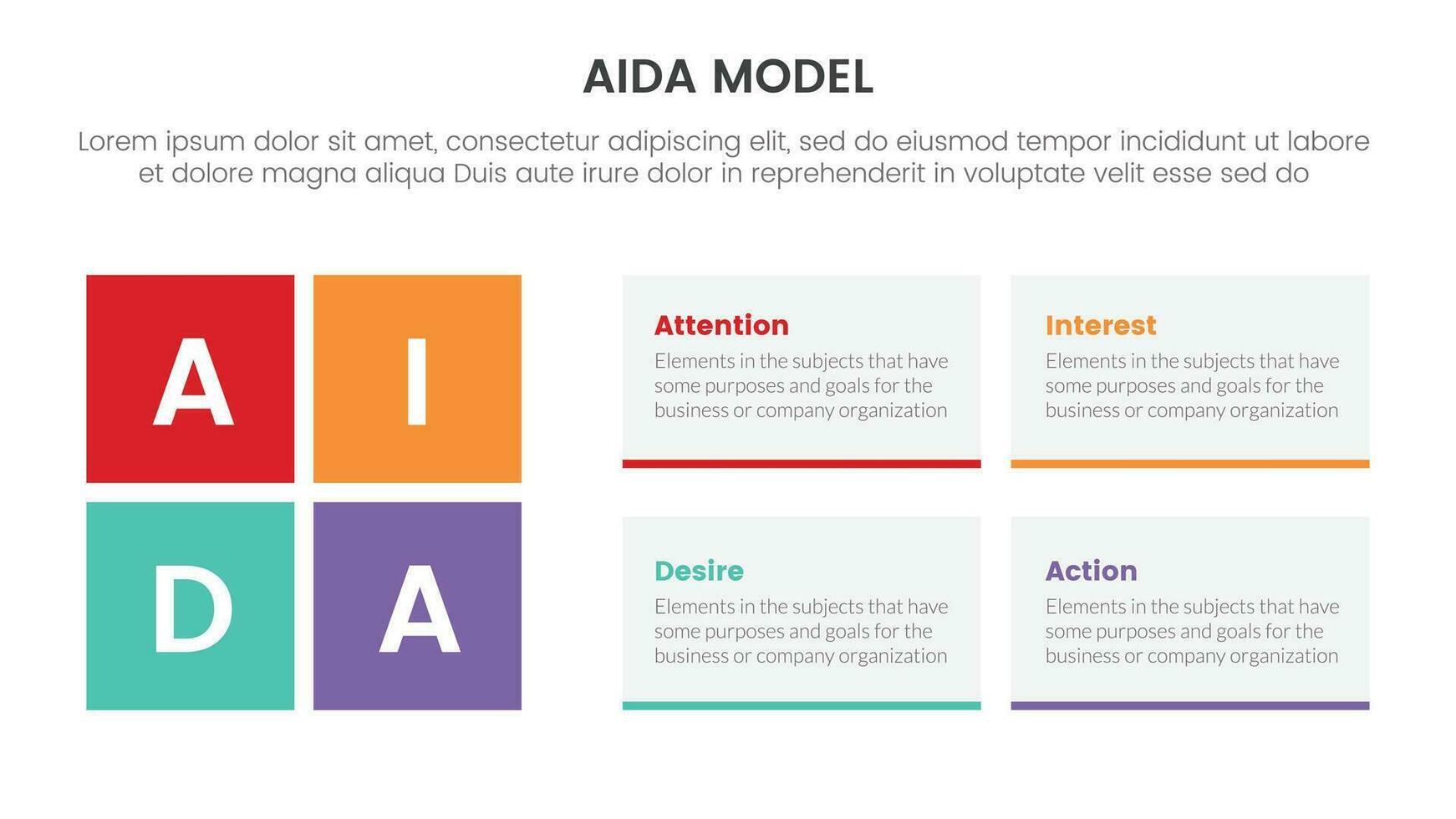 Aida Modell- zum Beachtung Interesse Verlangen Aktion Infografik Konzept mit Rechteck Box gestalten 4 Punkte zum rutschen Präsentation Stil Vektor