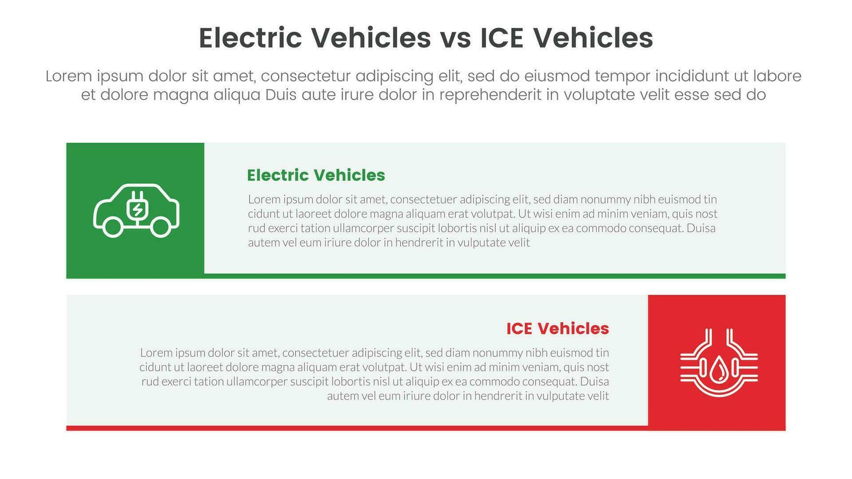 ev mot is elektrisk fordon jämförelse begrepp för infographic mall baner med lång rektangel låda horisontell med två punkt lista information vektor