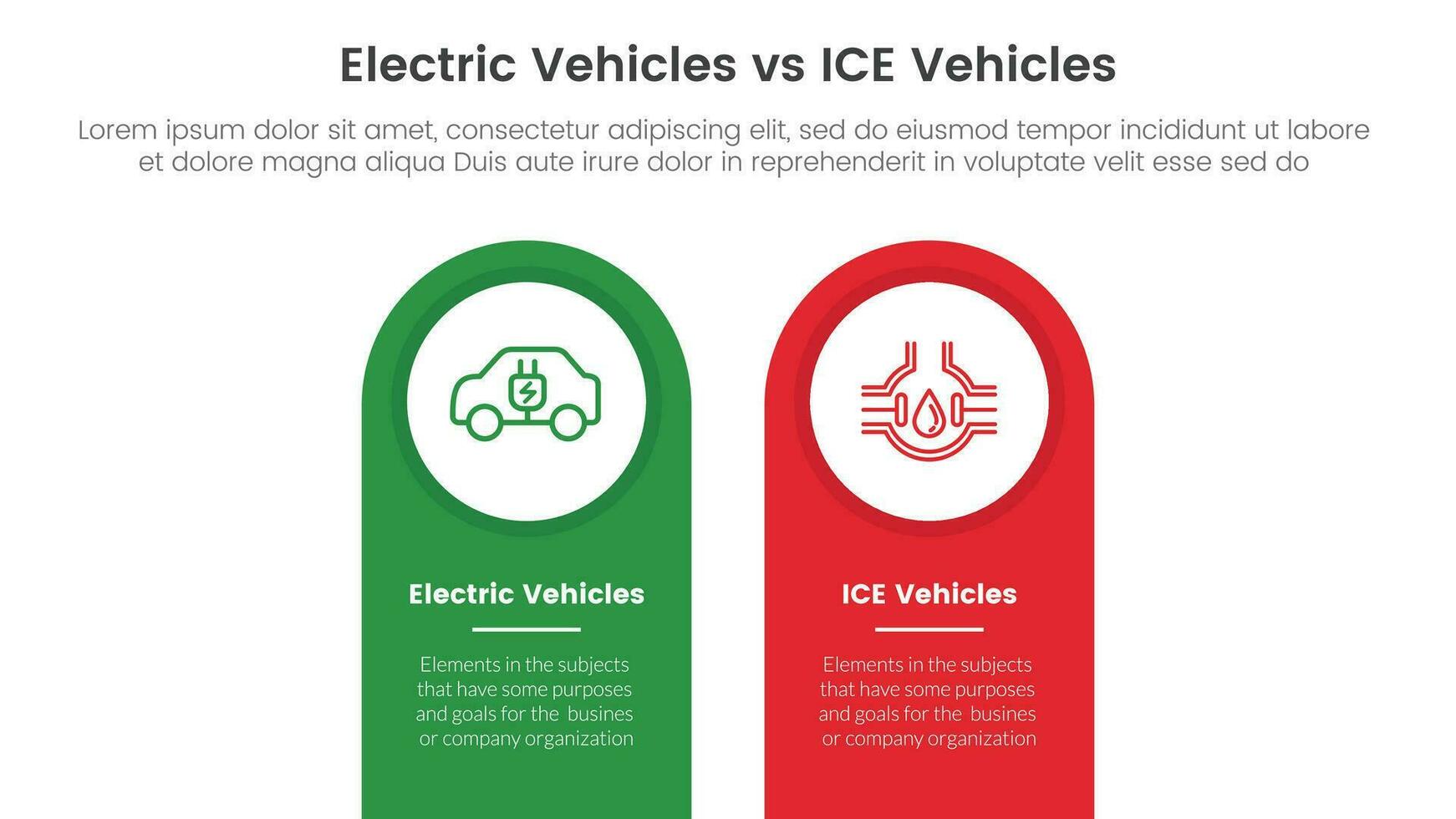 ev mot is elektrisk fordon jämförelse begrepp för infographic mall baner med runda form på topp vertikal med två punkt lista information vektor