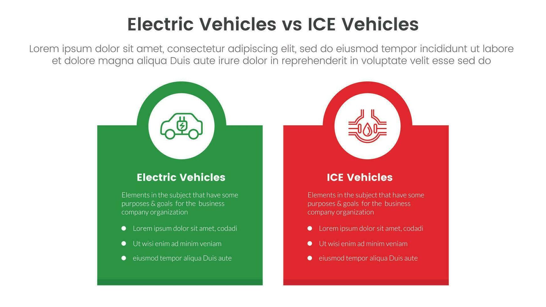 ev vs. Eis elektrisch Fahrzeug Vergleich Konzept zum Infografik Vorlage Banner mit Box Banner und Kreis auf oben mit zwei Punkt aufführen Information vektor