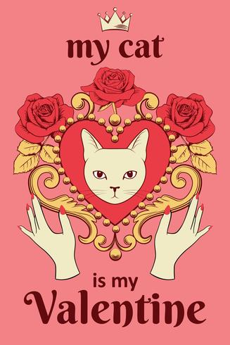 Valentinstag Karte Konzept. Weißes Katzengesicht im dekorativen Weinleseherzen formte Rahmen mit den Händen und Text auf Rosa. vektor