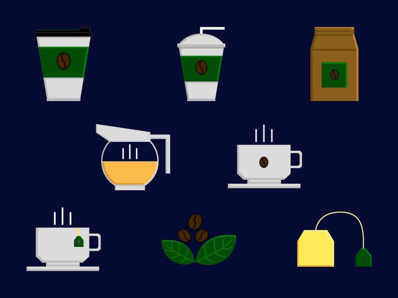 kaffe och te platt Färg stil illustration. dryck Utrustning för kaféer och restauranger. vektor