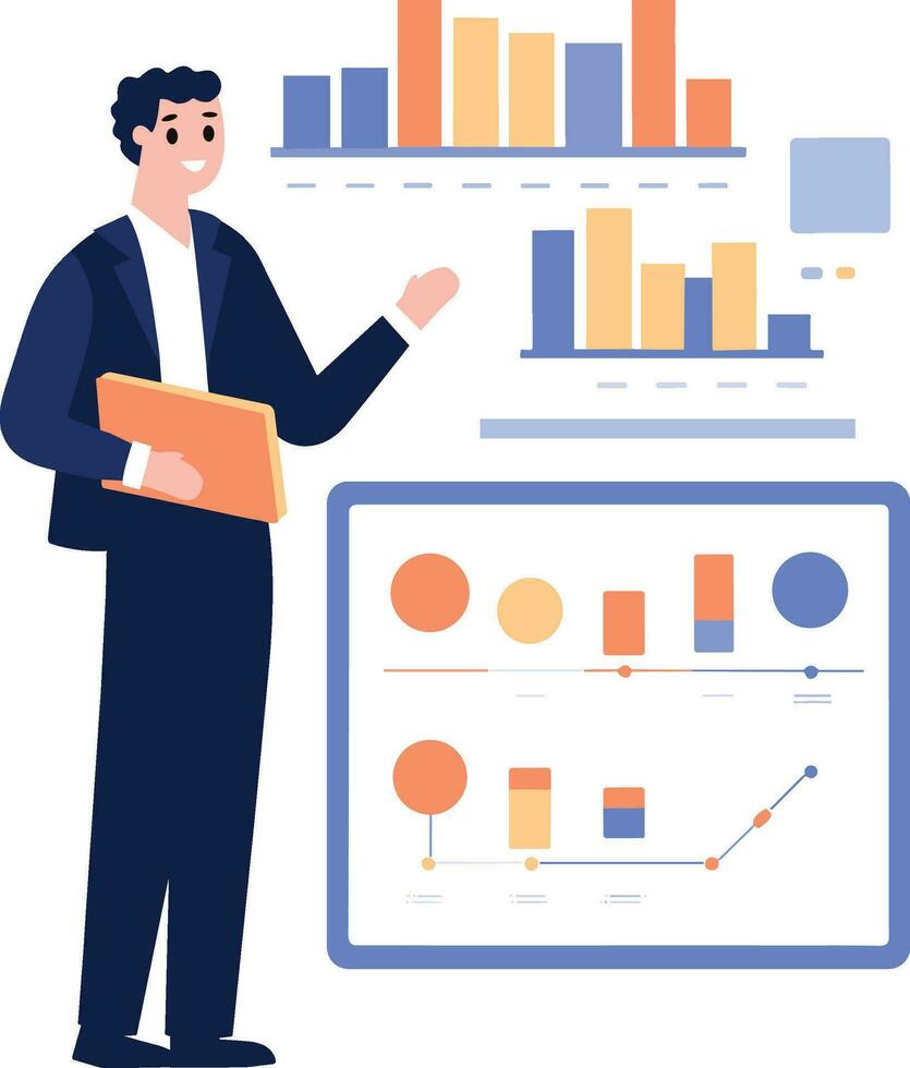 hand dragen affärsman med presentation diagram i platt stil vektor