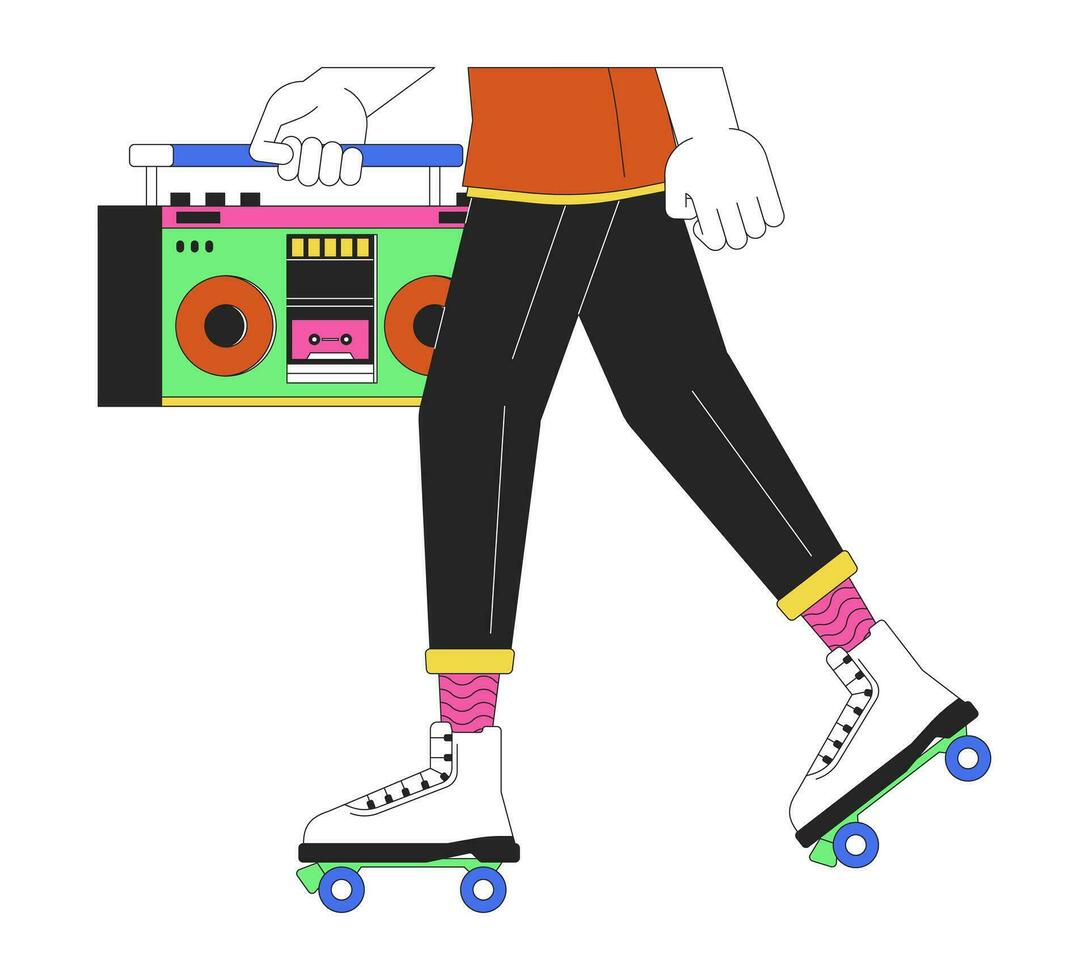 manlig vält skater innehav boombox 2d linjär tecknad serie ben närbild. 80s caucasian man isolerat linje vektor händer närbild vit bakgrund. rullskridskoåkning med audio systemet Färg platt fläck illustration