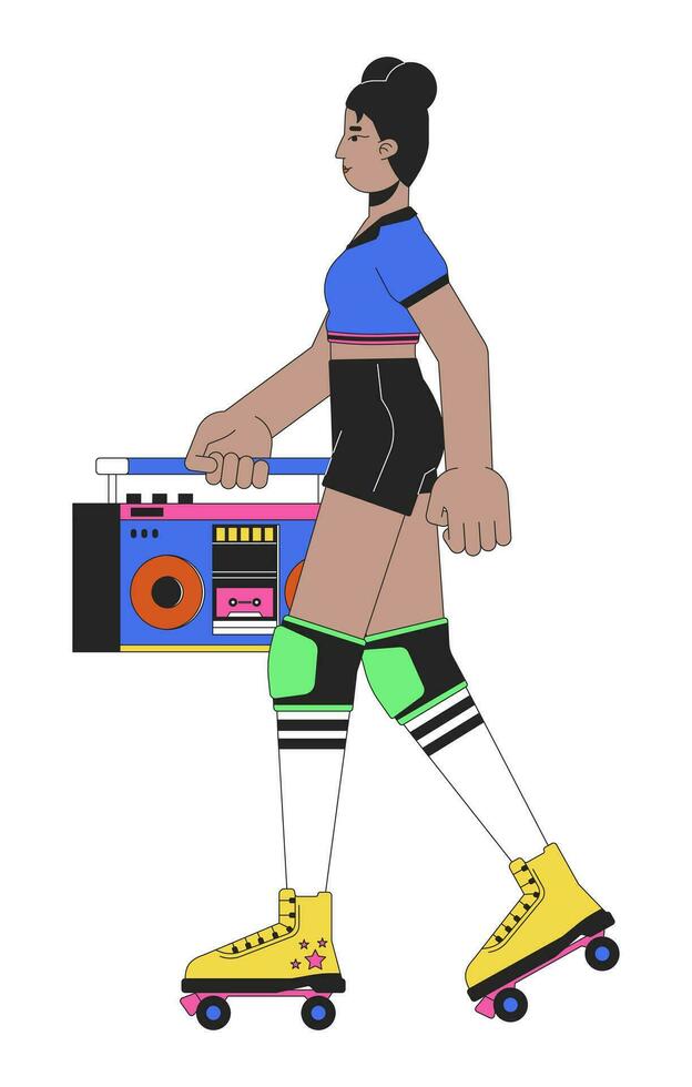 Walze Skaten mit Boombox Linie Karikatur eben Illustration. schwarz weiblich 80er Jahre Hüfte hop 2d lineart Charakter isoliert auf Weiß Hintergrund. achtziger Jahre Jahrgang. Nostalgie Mode Szene Vektor Farbe Bild