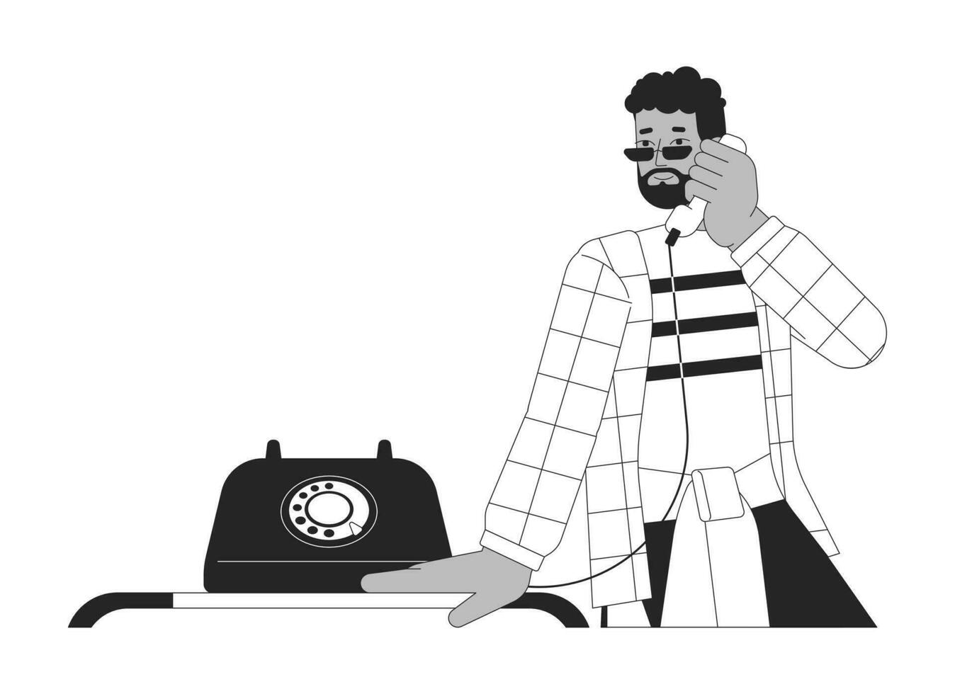 afrikanisch amerikanisch Mann halten Telefon Empfänger schwarz und Weiß 2d Linie Karikatur Charakter. retro Telefon Konversation schwarz Kerl isoliert Vektor Gliederung Person. monochromatisch eben Stelle Illustration