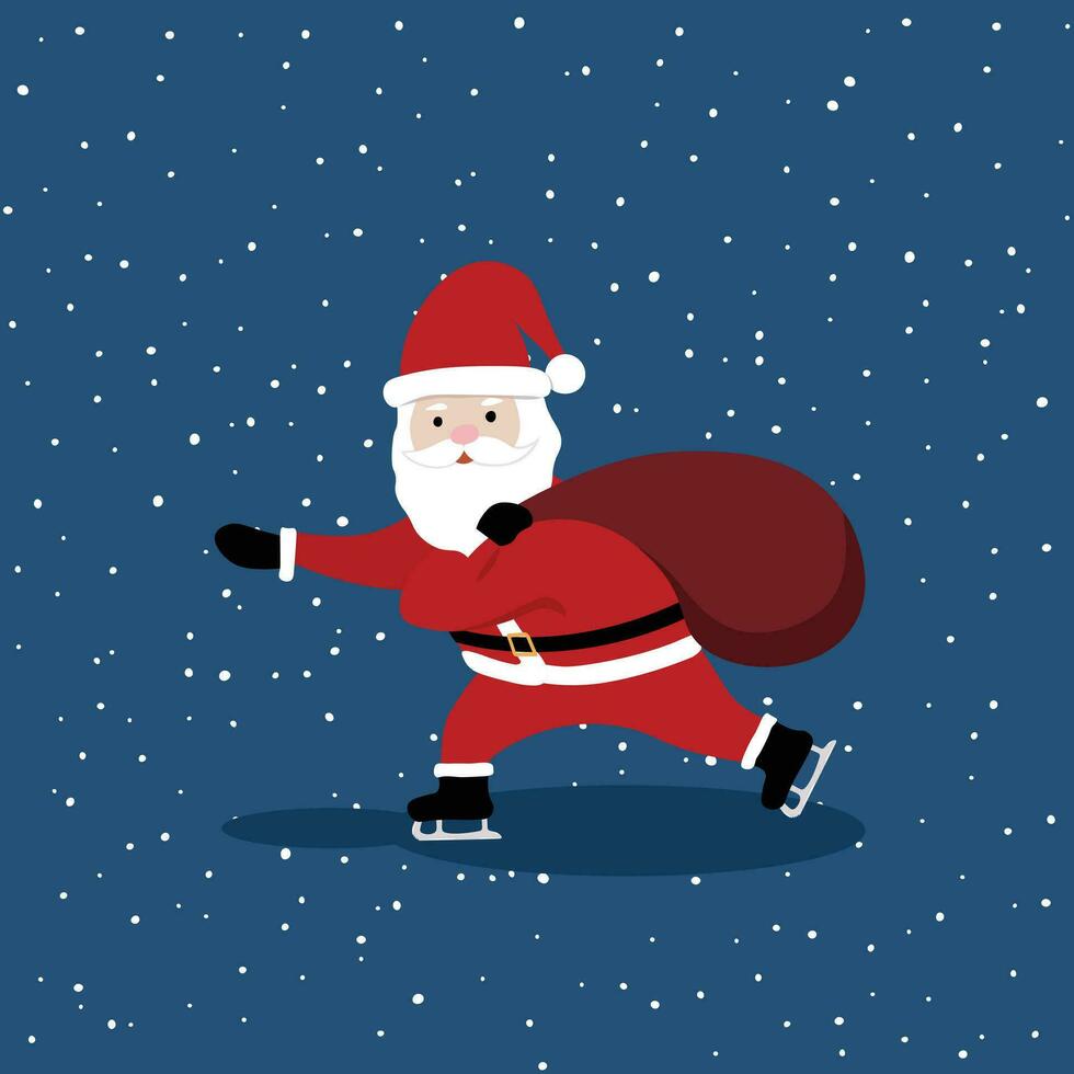 Lycklig söt santa claus är bärande de gåva säck och is skridskoåkning på snöig bakgrund. platt vektor illustration i tecknad serie stil. karaktär för jul och Lycklig ny år begrepp.