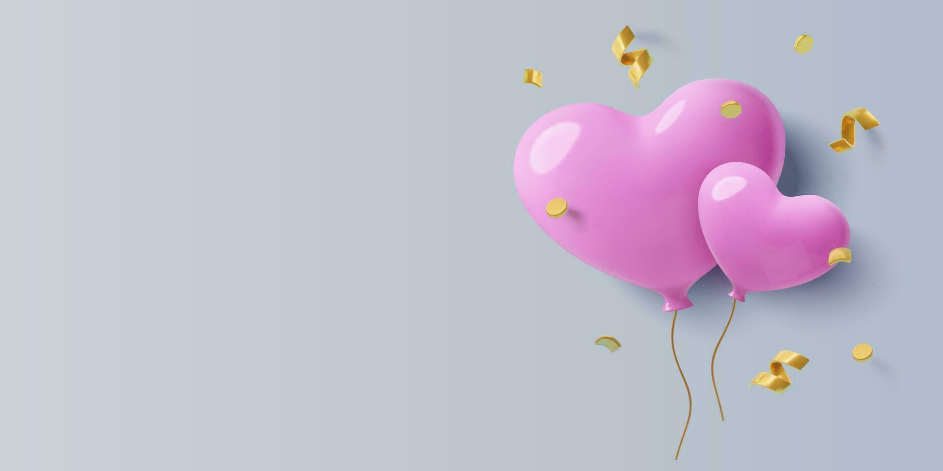 Februar 14 Hintergrund mit Pastell- Rosa 3d Herz Luftballons, golden Konfetti und Kopieren Raum. realistisch drei dimensional Valentinstag Tag Design zum Party Banner und Einladungen. Vektor Illustration.