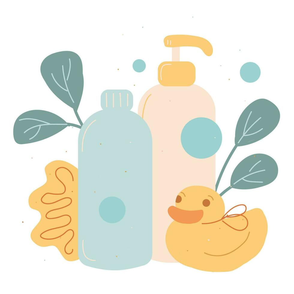 Spa Bad entspannen ökologisch Schönheit Produkt Waschlappen Ente Shampoo und Dusche Gel natürlich organisch Pflege vektor