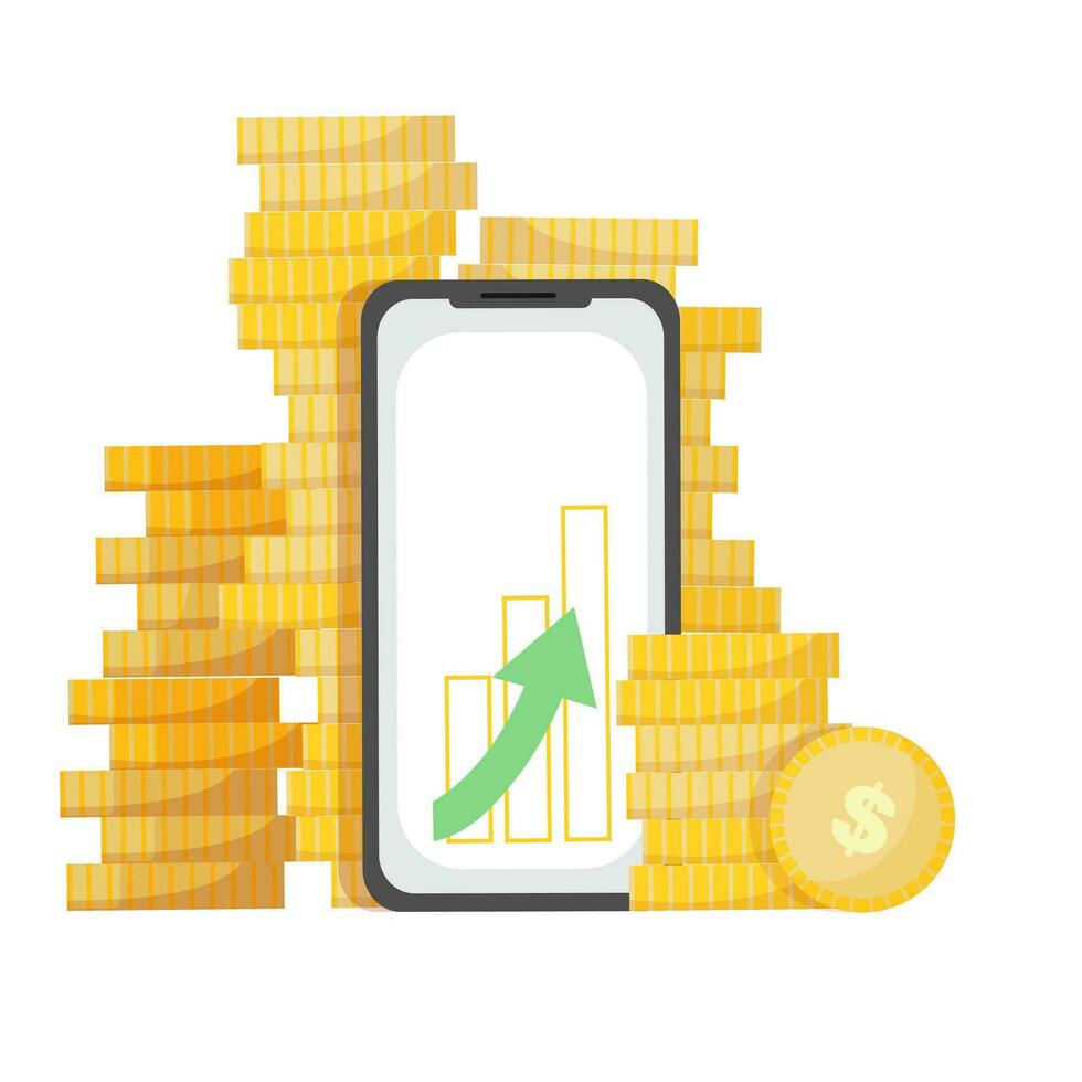 Telefon Stehen auf Stapel von golden Münzen. profitieren erhöhen, ansteigen Graph auf Handy, Mobiltelefon Telefon Bildschirm. Wachstum, Einkommen, Ersparnisse, Investition, Kaution. Handy, Mobiltelefon Banken. Vektor Illustration