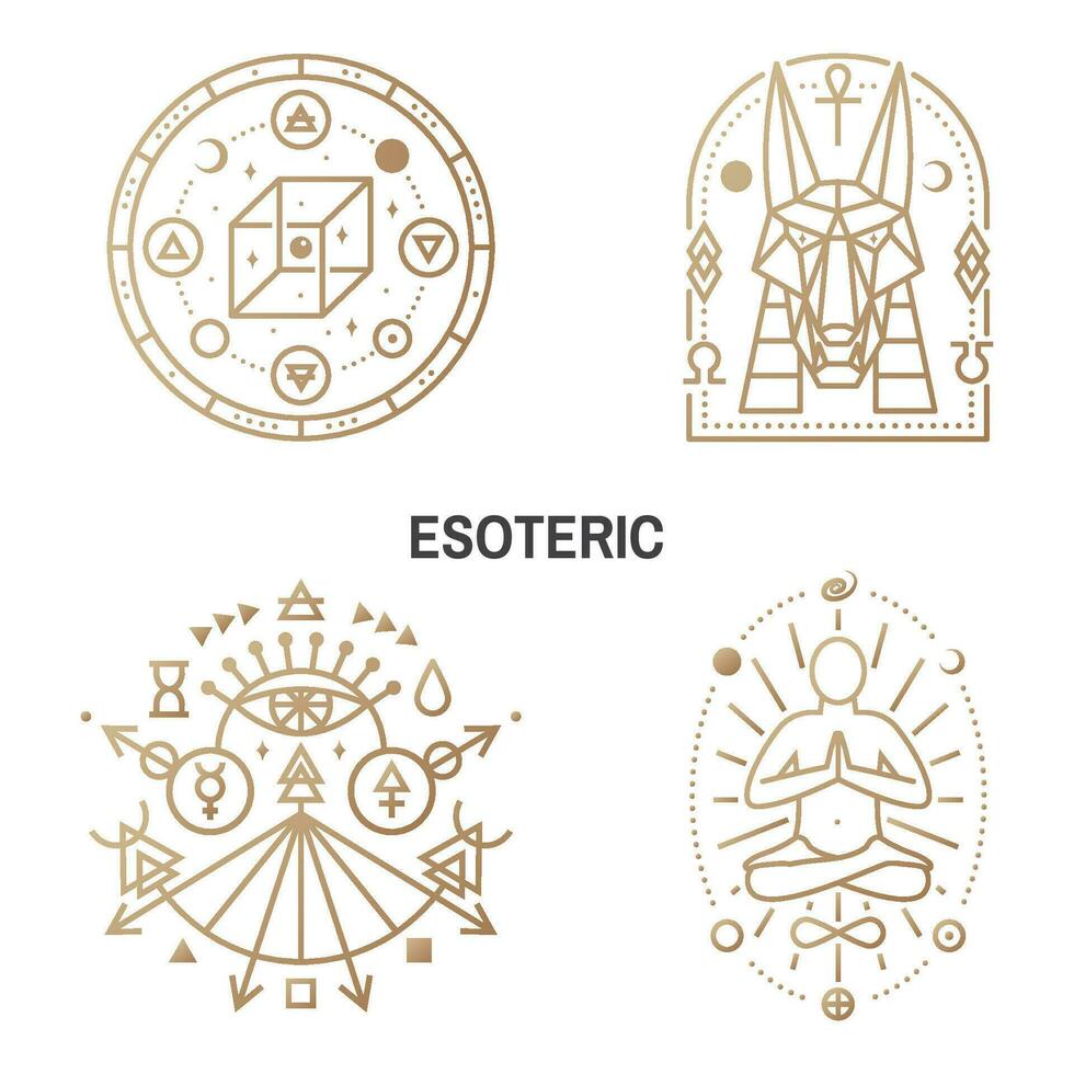esoterisk symboler. tunn linje geometrisk bricka. översikt ikon för alkemi, helig geometri. mystiker, magi design med kemi flaska med kråka fot, egyptisk Gud anubis, overklig geometrisk kub vektor
