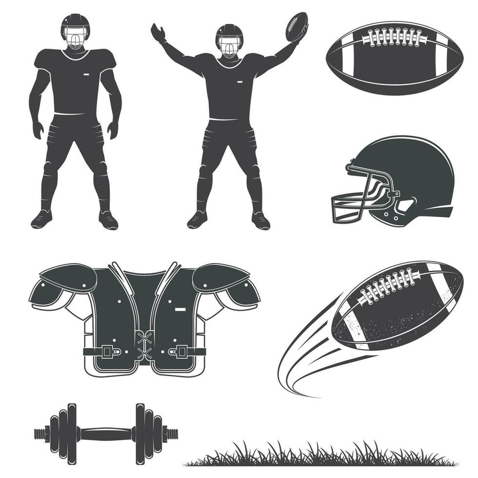 amerikan fotboll ikoner samling. vektor. uppsättning av amerikan fotboll utrustning inkludera fotboll tång, hjälm, gräs, boll silhuett vektor