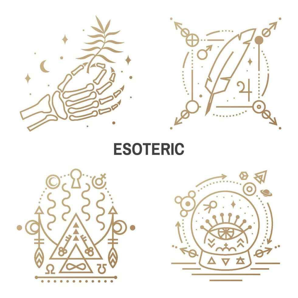 esoterisk symboler. vektor. tunn linje geometrisk bricka. översikt ikon för alkemi eller helig geometri. mystiker och magi design med fjäder, stjärnor, planeter, måne, glas boll och allseende öga vektor