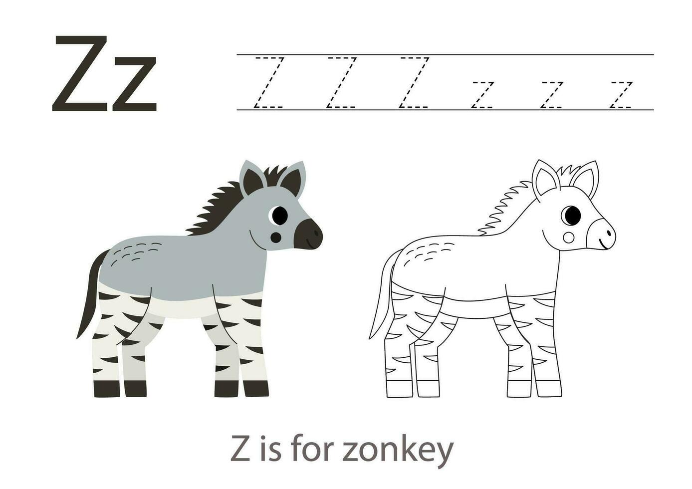 Rückverfolgung Alphabet Briefe mit süß Tiere. Farbe süß zonkey. Spur Brief z. vektor