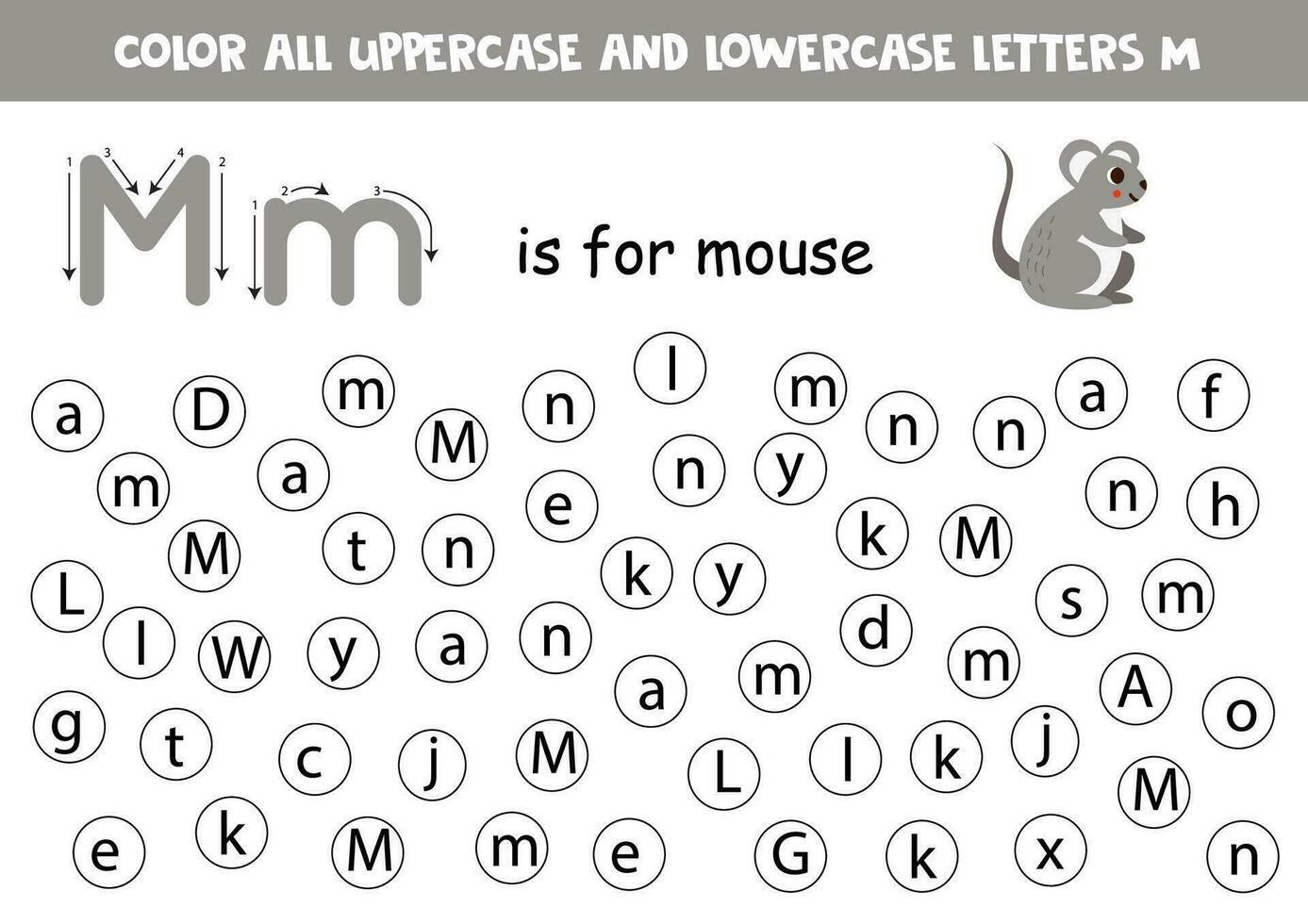 finden und Punkt alle Briefe m. lehrreich Arbeitsblatt zum Lernen Alphabet. süß grau Maus. vektor