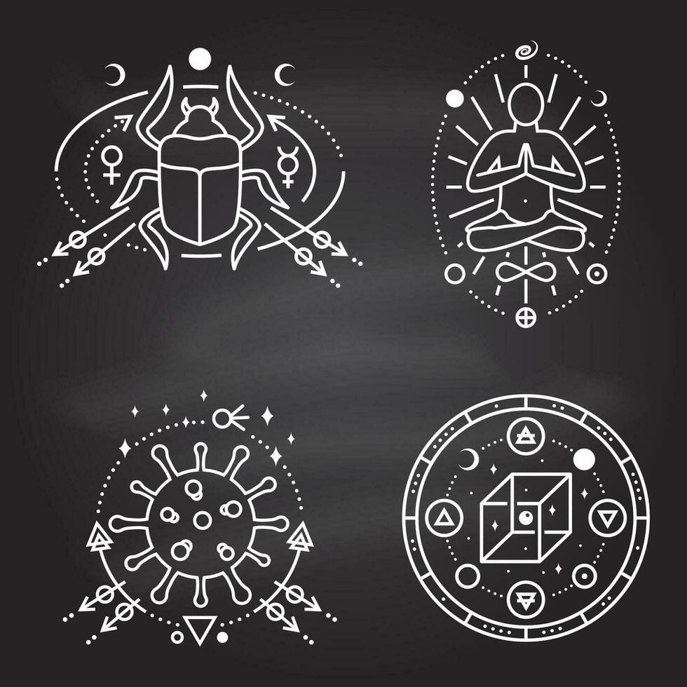 esoterisk symboler. vektor tunn linje geometrisk bricka på svarta tavlan. översikt ikon för alkemi, helig geometri. mystiker, magi design med man i yoga lotus utgör, scarab skalbagge, coronavirus, kub