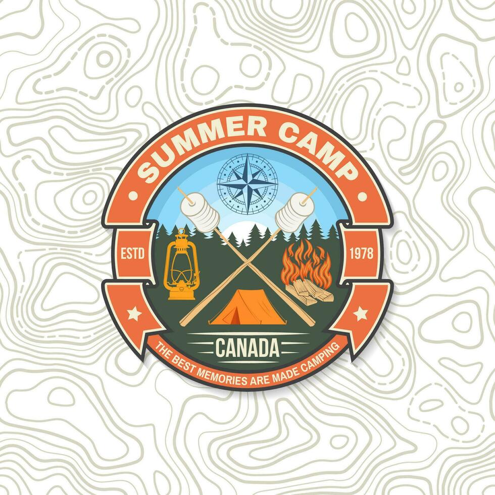 Sommer- Lager. Glück ist getoastet Marshmallows. Vektor. Jahrgang Typografie Design mit Camping Zelt, Lagerfeuer, Mäusespeck auf ein Stock Silhouette. Konzept zum Hemd oder drucken, Briefmarke oder Tee vektor