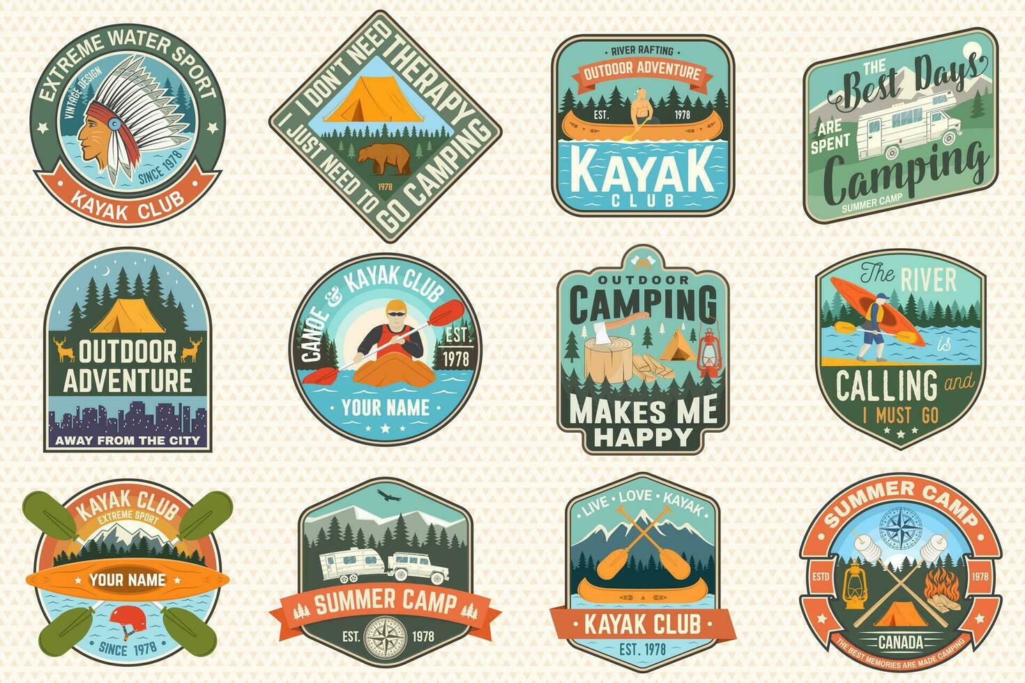 set med märken för sommarläger, kanot och kajakklubb. vektor. koncept för patch. retrodesign med siluett för camping, berg, flod, indianer och kajakpaddlare. kajakplatser för extrem vattensport vektor