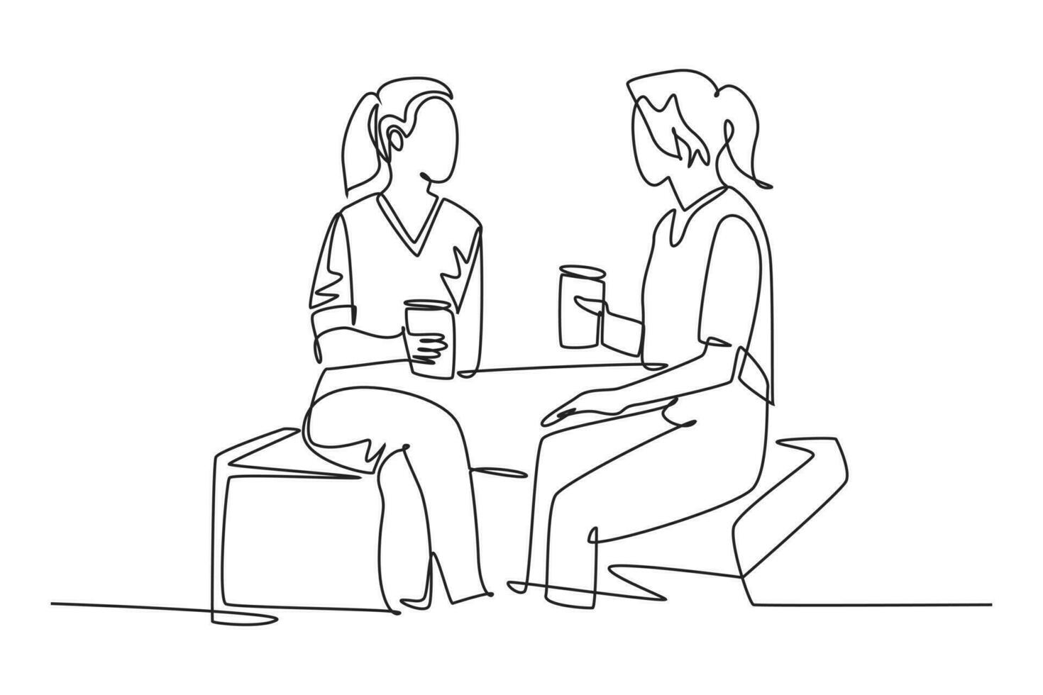 Single einer Linie Zeichnung zwei jung süß weiblich Arbeiter haben beiläufig Plaudern Über trinken Kaffee während Büro Unterbrechung. haben klein sich unterhalten beim Arbeit Konzept. kontinuierlich Linie zeichnen Design Grafik Vektor Illustration