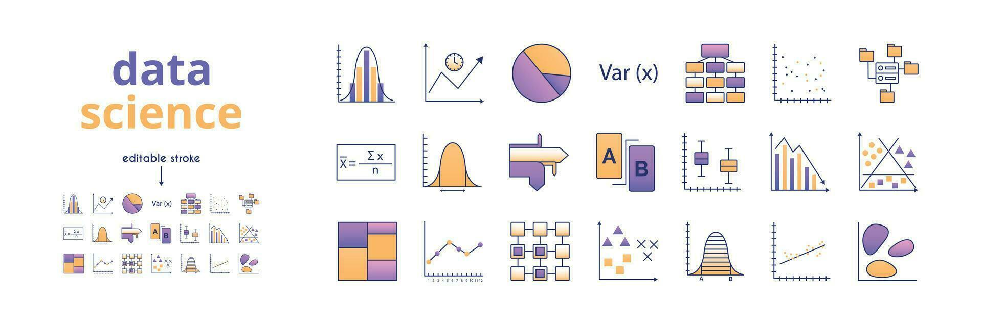 en uppsättning av data analys ikoner. linjär regression, distribution densitet, värme Karta, testning, tid serier, korrelation koefficient, klassificering, regression analys, länkad data, klustring, trender. vektor