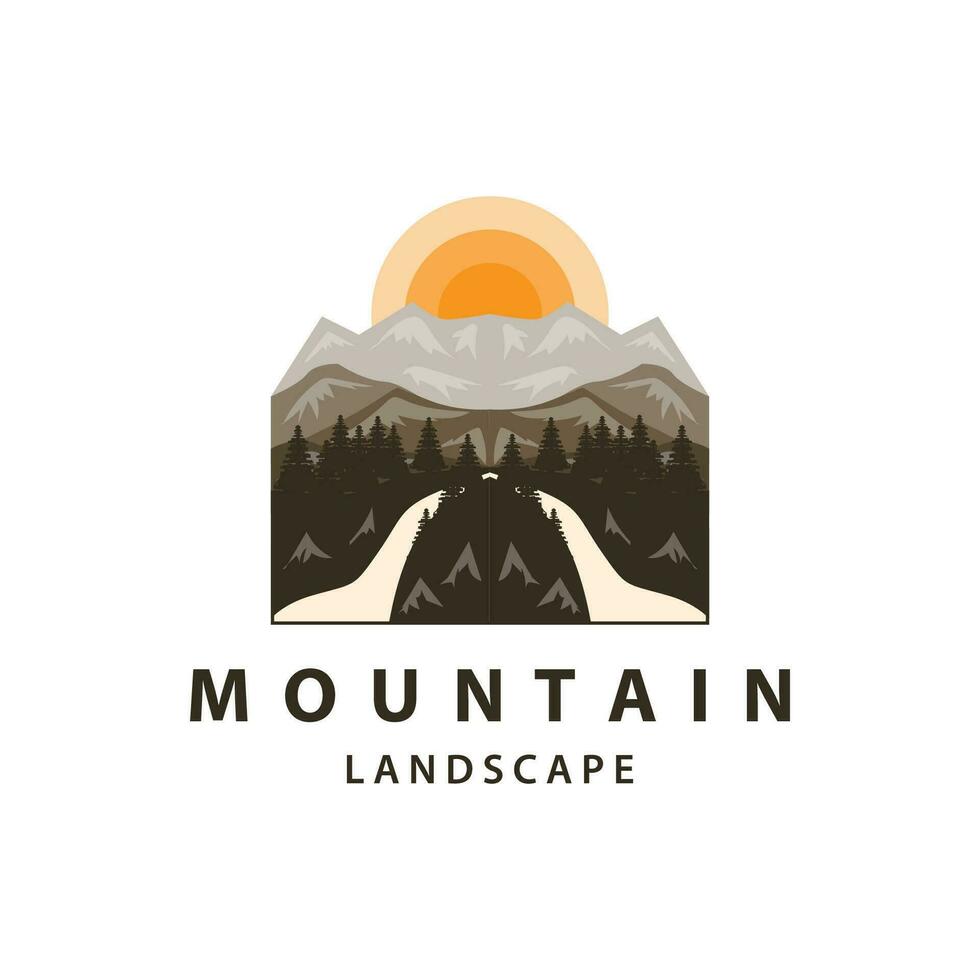 Landschaft Logo Natur Abenteuer Design Berg und Fluss Luxus Vektor Illustration