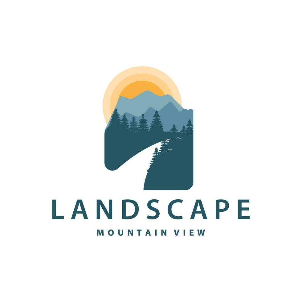 landskap logotyp natur äventyr design berg och flod lyx vektor illustration