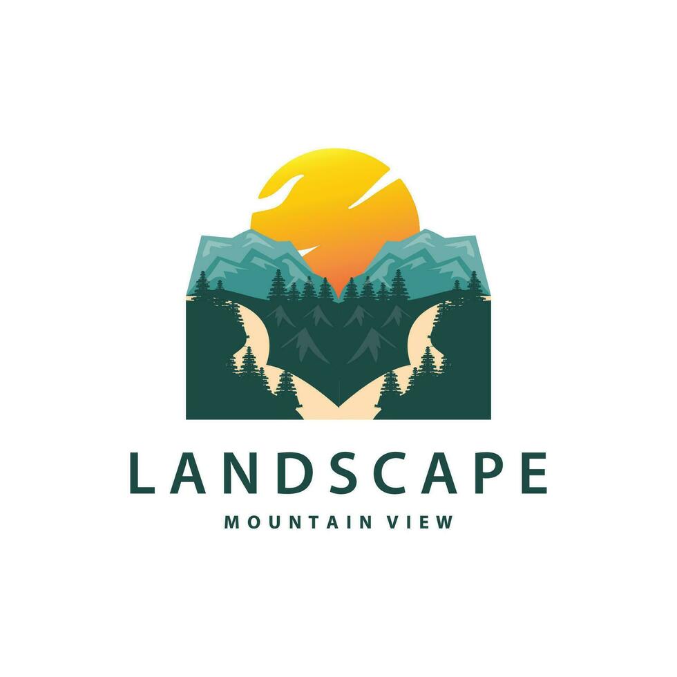 landskap logotyp natur äventyr design berg och flod lyx vektor illustration