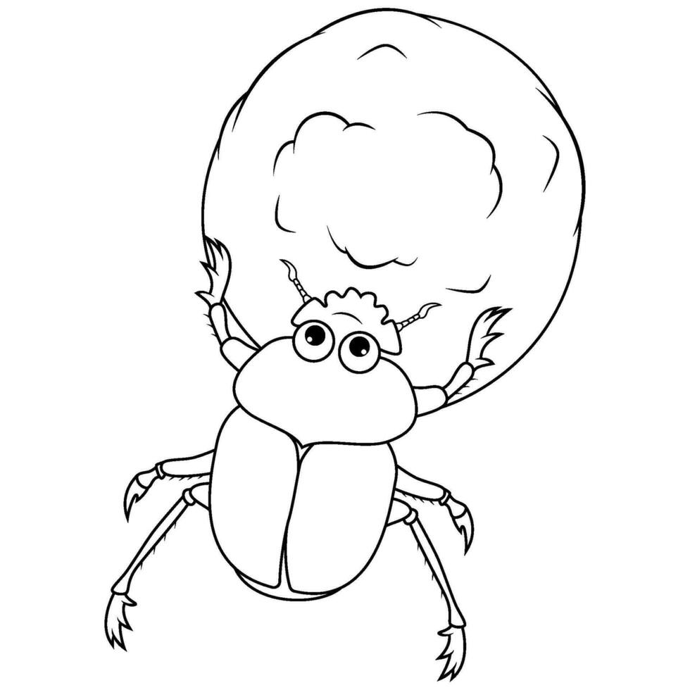 Dung Käfer Karikatur mit ein groß Ball von Poop Linie Kunst vektor