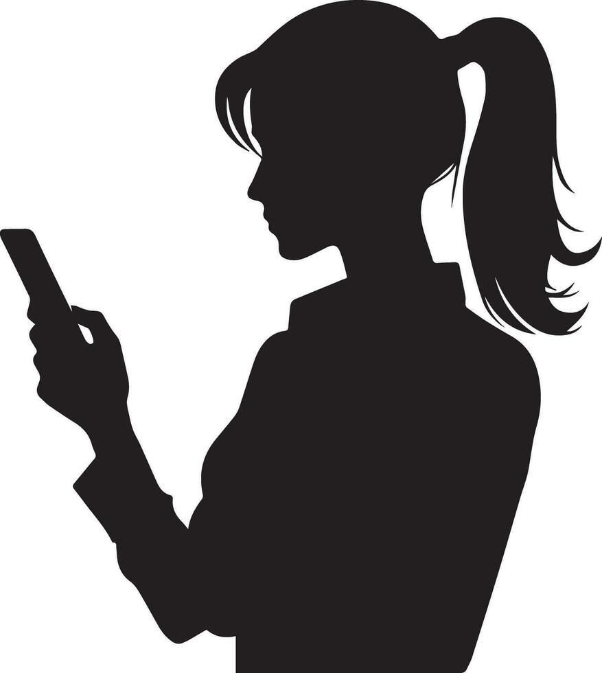 ein Frau Stand mit Zelle Telefon Vektor Silhouette