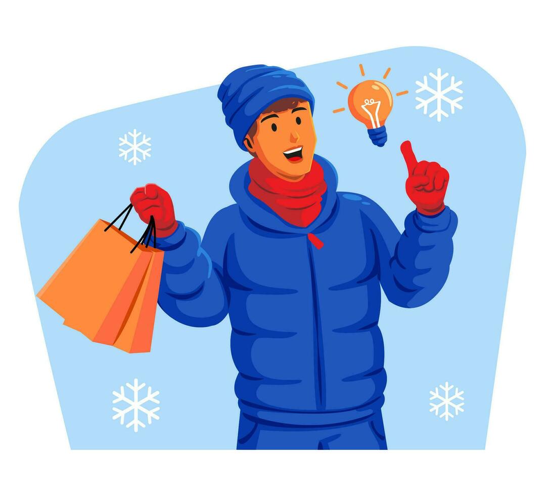 Mann im ein Winter Jacke mit Winter Hut und Schal halten Einkaufen Taschen und Licht blub vektor