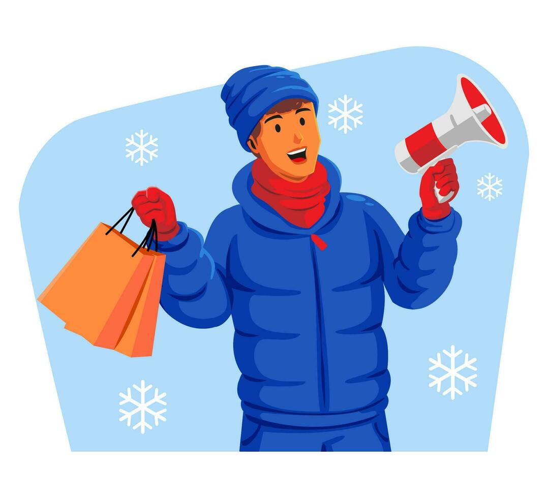 Mann im ein Winter Jacke mit Winter Hut und Schal halten Einkaufen Taschen und Megaphon vektor
