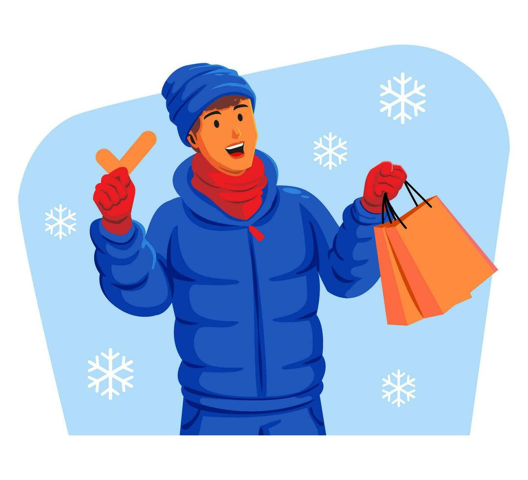 Mann im ein Winter Jacke mit Winter Hut und Schal halten Einkaufen Taschen und prüfen Kennzeichen vektor