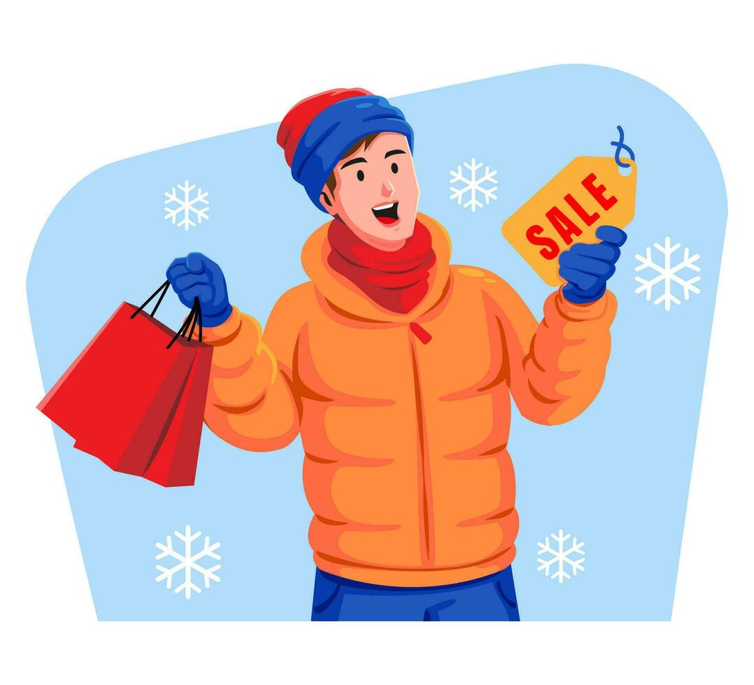 Lycklig ung man i vinter- kläder innehav försäljning märka och handla påsar vektor